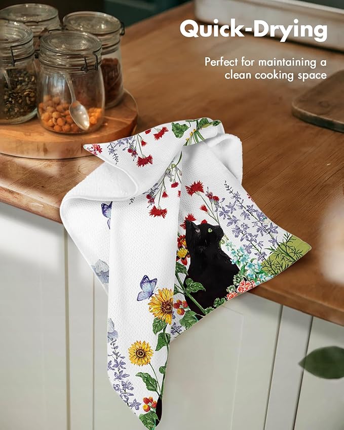 Miss Adola 2pcs Waffle Kitchen Towels - 16x26 Inch Cotton Waffle Weave Dish Cloths Set of 2 with Hanging Loop Absorbent Hand Tea Towels Cute Design for Housewarming Gift, Cat in Flowers