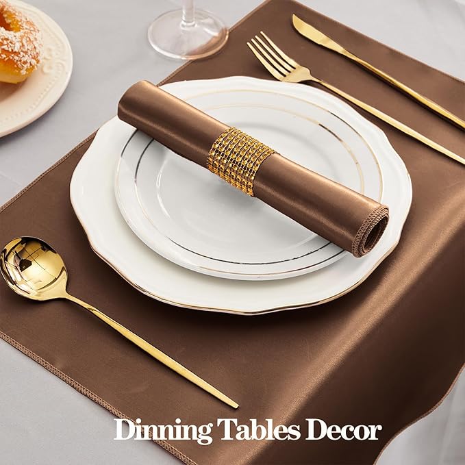 RUDONG M 100 Pcs Chocolate Brown Satin Napkins and Napkin Rings Set, 17 x 17 Inch Square Cloth Napkins Set of 50, Silky Soft Table Napkins Bulk for Weddings, Banquet, Parties Dinner Decoration