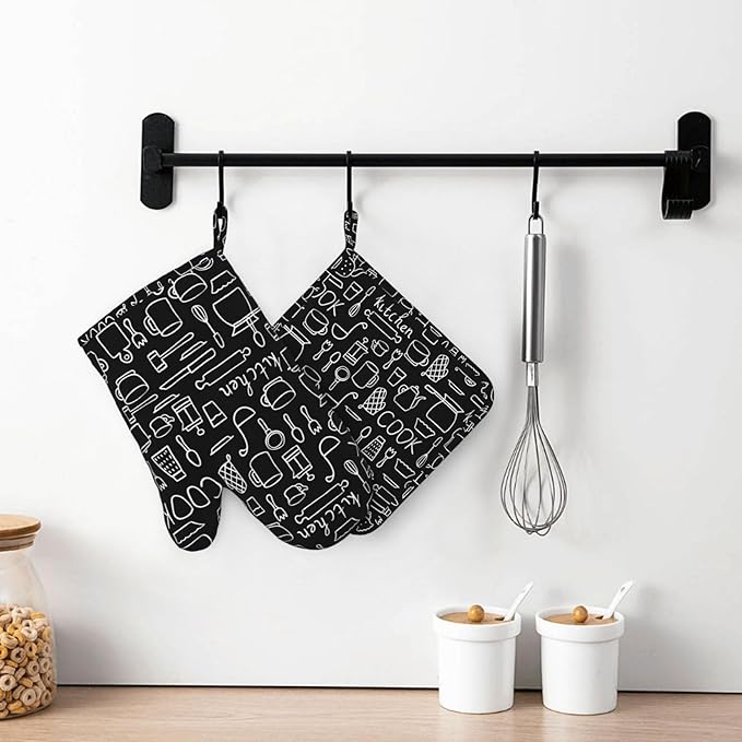 Kitchen Everyday Oven Mitts and Pot Holders 4 pcs Set Silicone Black Kitchen Oven Mitt Gloves Pot Holders Non-Slip Heat Resistant Cooking Mitts Set for Kitchen Baking Grilling BBQ