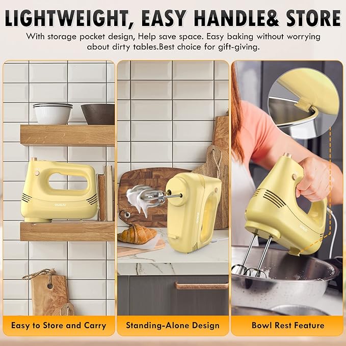 GUALIU Electric Hand Mixer with Stainless Steel Whisk, Dough Hook Attachment and Storage Bag, Handheld Mixer for Baking Cakes, Eggs, Cream Food Mixers. Turbo Boost /5 Speed Kitchen Blender Yellow