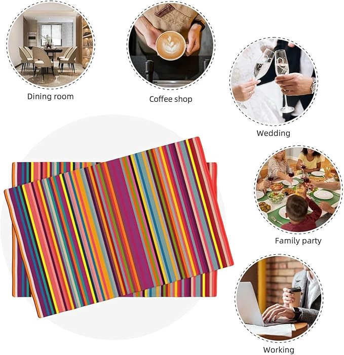 Niviy Bright Colorful Striped Placemats Set of 6, 12x18 Inch Rainbow Colored Geometric Pattern Table Mats for Holiday Party Kitchen Dining Room Decoration