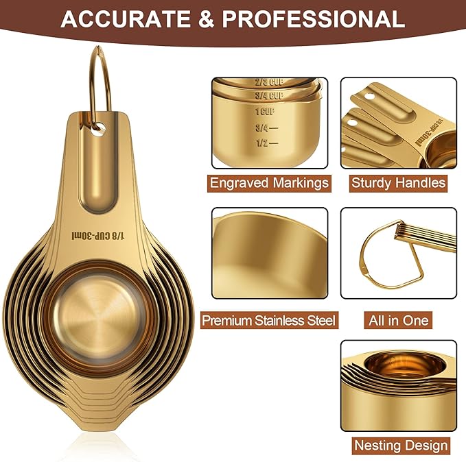 Wildone Copper Plated Measuring Cups & Spoons Set of 21 - Includes 7 Stainless Steel Nesting Measuring Cups, 8 Measuring Spoons, 1 Leveler & 5 Mini Measuring Spoons, Ideal for Dry & Liquid Ingredients