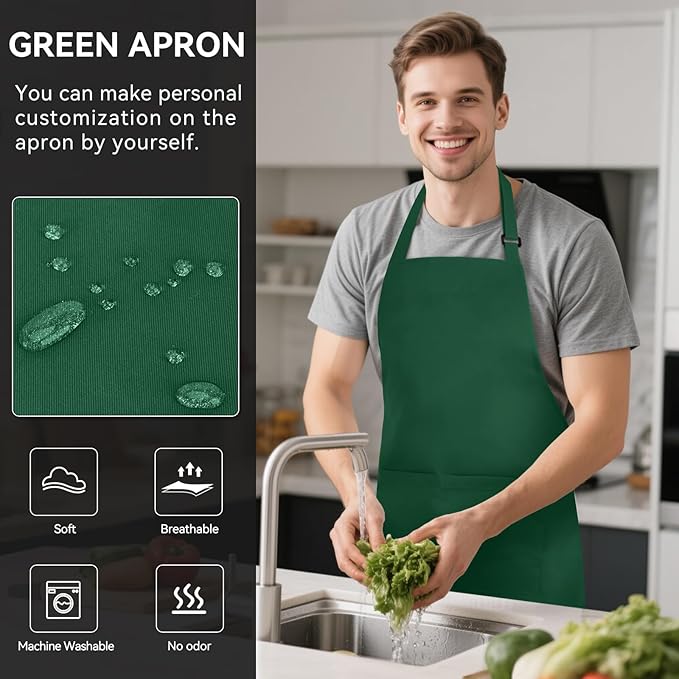 NLUS 2 Pack Kitchen Aprons with 2 Pockets for Women Men, Chef Aprons for Baking BBQ Cooking, Green