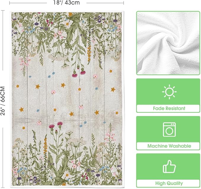 Artoid Mode Wood Wildflower Floral Kitchen Towels Dish Towels, 18x26 Inch Leaves Holiday Decoration Cleaning Set of 2