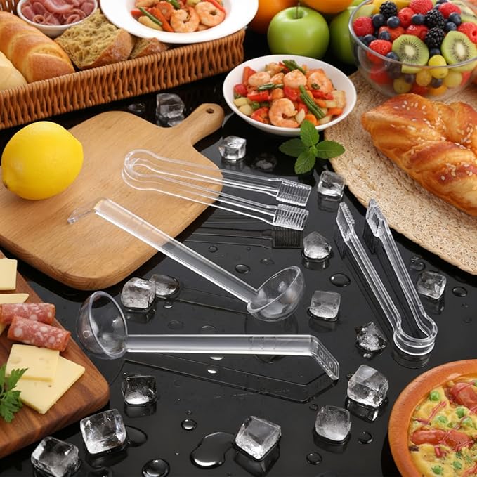 6 Pieces Plastic Serving Utensils Set Including 3 Pcs 1 oz Small Ladle and 3 Pcs Tong Acrylic Long Handle Ladle for Serving Sauce, Soup, Dressing, Punch Bowl, Gravy for Party Banquets Catering(Clear)