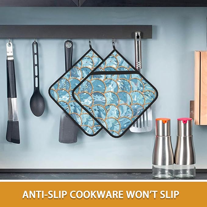 Mermaid Fish Scales Marble Pot Holder Set of 2,Heat Resistant Potholders Oven Hot Pads for Kitchen Cooking Baking BBQ