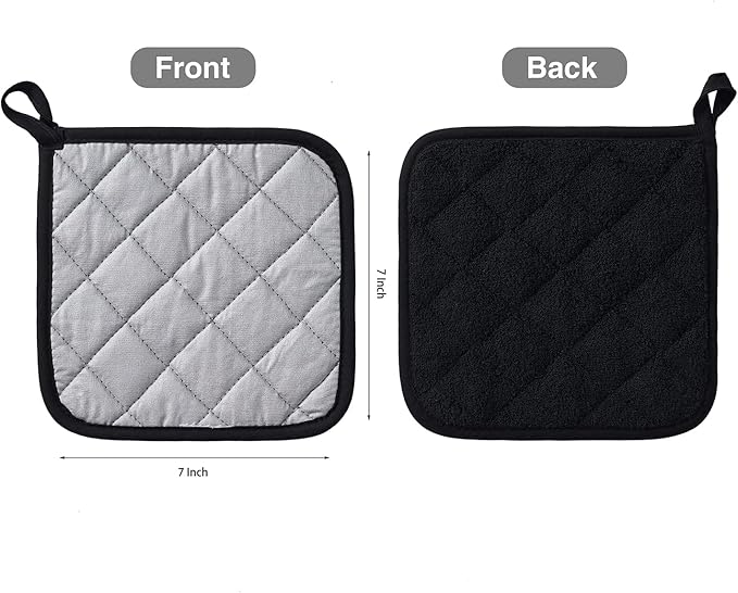 Kitchen Pot Holders Set Heat Resistant Pure Cotton Potholders Kit Trivets Large Coasters Hot Pads Terry Pot Holders for Everyday Cooking and Baking by 7 x 7 Inch Set of 6 Black