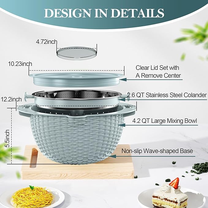 4-1 Colander with Bowl Set - Strainers for Kitchen(Patented), Food Strainers and Colanders, Pasta Strainer with New Upgraded Graters for Fruit, Veggie Washing, Aesthetic Cooking Present - Blue