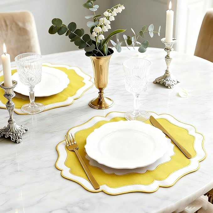 Embroidery Cotton Linen Placemats Set of 4, HADEEONG Table Mats Cloth Placemats, Washable Wrinkle Resistance, Double Layer Scalloped Fabric Placemats, 17.7 x 13.4inch (White with Yellow, 4)