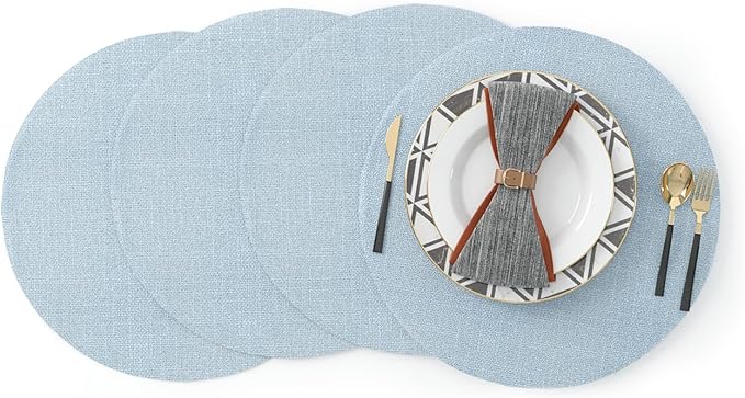 4 Piece Round Placemat 15 Inch Soft Linen eco-Friendly Fabric Handcrafted Machine Washable Indoor & Outdoor Tablemat Light Blue