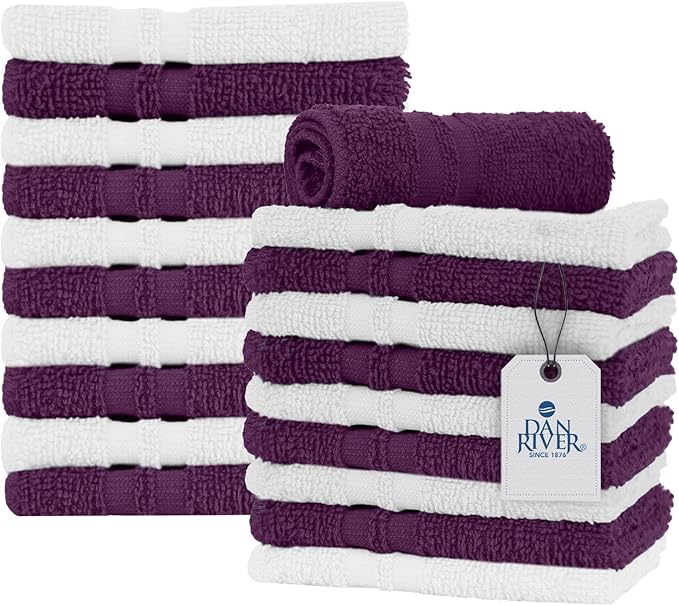 DAN RIVER 100% Cotton Washcloths 20 Pack Premium Quality Face and Body Cloth, Quick Dry Essential Towels for Bathroom, Hand, Kitchen & Cleaning, Baby Washcloths | 11X11 in|400 GSM|Purple Passion+White