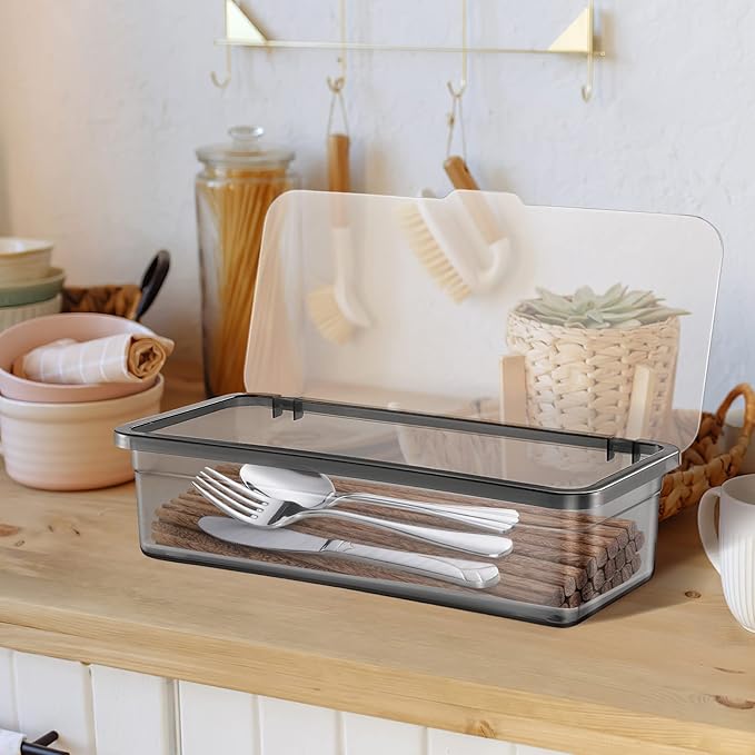 Cabilock Utensil Tray with Lid and Drain Rack, Dust-Proof Chopsticks Storage Boxes, Tableware Organizer Kitchen Cutlery Container Holder for Drawer, Table, Countertops, Cabinets