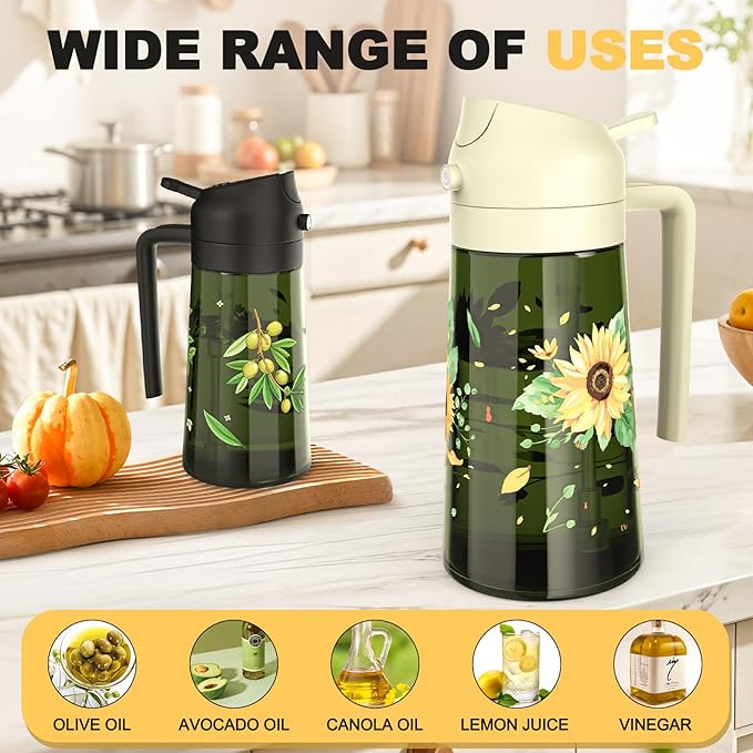 COOLMI Oil Sprayer for Cooking, 2 in 1 Olive Oil Dispenser Bottle Set for Kitchen, Food-Grade Glass Green Oil Vinegar Bottle Container - 16OZ/470ML Set of 2 (Black + Beige)