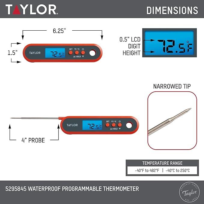 Taylor Digital Waterproof Meat Thermometer for GLP-1 High Protein Meal Prep – Folding Probe for Chicken, Salmon, Steak – Programmable Presets, Backlit Display for Oven, Grill, Orange