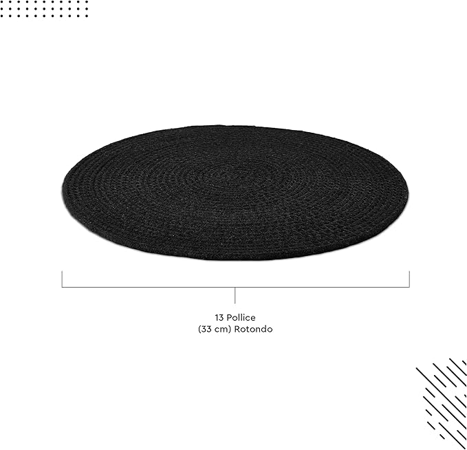 Encasa XO Dining Placemats Set of 6 | Cotton Round Table Mat - 13 in Diameter | Black | Handmade Rib Style Chargers for Dinner Plates