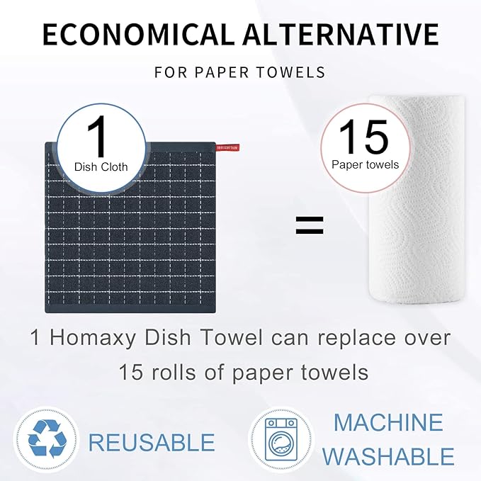 Homaxy 100% Cotton Terry Kitchen Dish Cloths, Ultra Soft and Absorbent Dish Towels for Kitchen, Suitable for Drying and Washing Dishes, 24 Pack, 12 x 12 Inches, Dark Grey