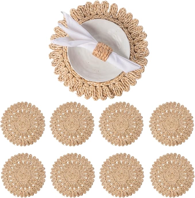 Laquedecraft 15" Set of 8 Round Corn Husk Placemats | Boho Woven Rattan Table Mats | Farmhouse Wicker Spring Plate Chargers Like Water Hyacinth, Seagrass for Wedding, Party, Christmas, Events