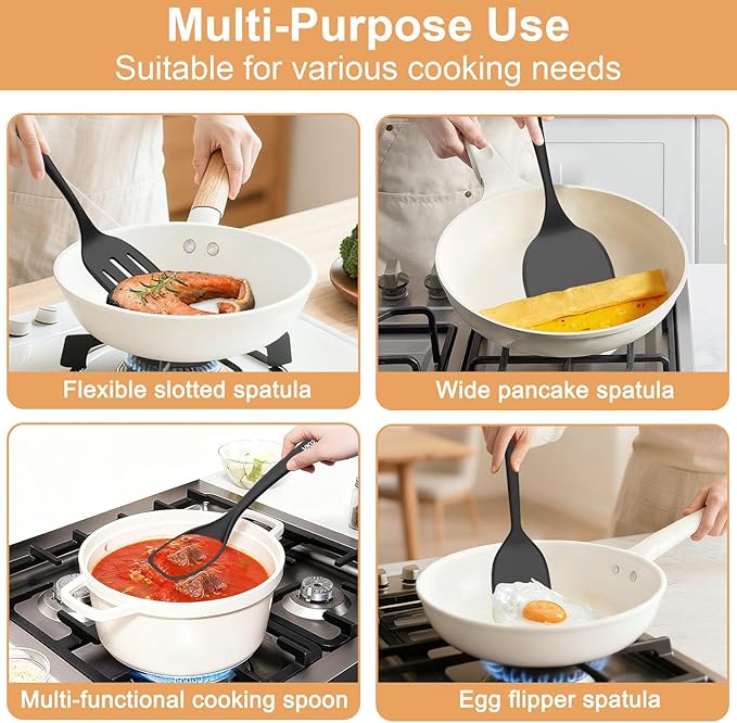Silicone Spatula Turner Set, 4 Pack, 600°F Heat Resistant Cooking Spatulas, Spoons, BPA Free & Non-Stick Kitchen Utensils, Ideal for Flipping Egg, Pancake, and Serving, Dishwasher Safe (Black)