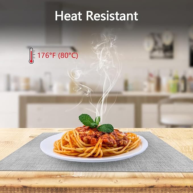 DACHUI Placemats Set of 4, Linen Look Woven Place Mats, Water Resistant, Heat Resistant, Washable, Durable Table Mats (Smoky Grey)