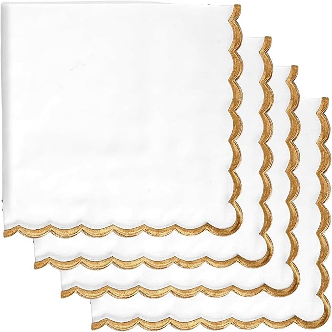 Ridhi Cloth Napkins 100% Pure Cotton Farmhouse Wedding Dinner Napkins for Halloween, Thanksgiving, Holiday Daily Wedding uses Napkins (4-18" x 18" White with Champagne Gold Edge)