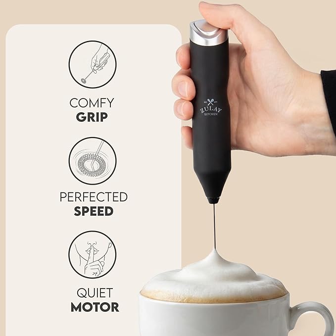 Zulay Kitchen Powerful Frother Wand AA Batteries Included, Ultra Fast Handheld Drink Mixer, Comfort Milk Frother, Stainless Steel Whisker, Frother Handheld for Coffee, Protein & Matcha - Frothmate 2.0
