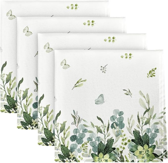Horaldaily Spring Summer Cloth Napkins 18 x 18 Inch, Eucalyptus Floral Party Dinner Decoration Washable Napkins Set of 4