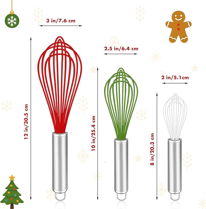 OYV Christmas Whisk Set – 3 Sizes (12”, 10”, 8”) – Holiday Red, Green & White Stainless Steel Whisks for Baking, Cooking & Mixing, Christmas Gift for Bakers & Home Chefs