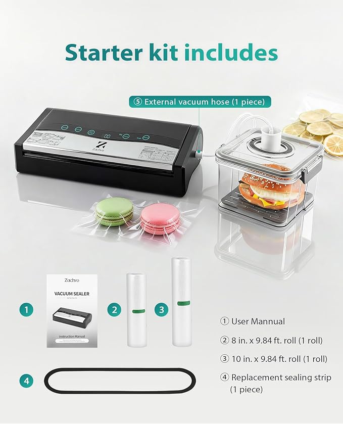 90kPa Vacuum Sealer Machine, Automatic Food Sealer with Double Heat Seal Option, Dry & Moist Modes, Built-in Cutter and Bag Storage, Starter Kit with Bag Rolls and Hose, Black