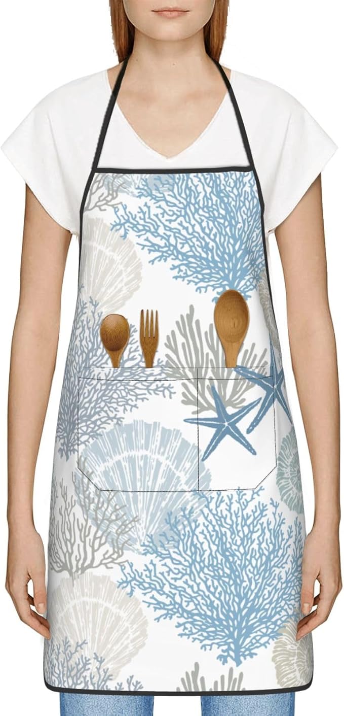 Nautical Coastal Oven Mitts Pot Holders Blue Cooking Apron Set of 5 Silicone Starfish Seashell Coral Beach Themed Kitchen Glove Blue Apron Non-Slip Heat Resistant for Chef Baking Cooking