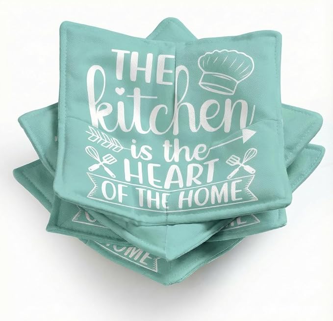 Cunhill 4 Pcs Cotton Microwave Bowl Cozy Holders for Hot Food Hot Pads Soup Bowl Potholders Heat Resistant Multipurpose Quilted Safe Holders for Kitchen Plate Supply(Turquoise,Quotes)