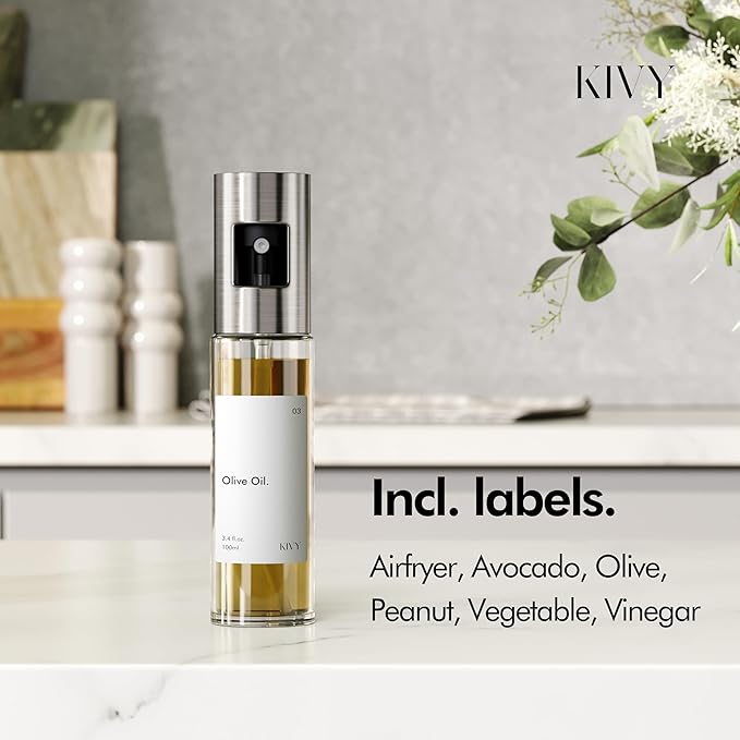 KIVY Glass Oil Sprayer Set of 2 for Cooking, Salads, BBQs & Airfryer [WITH LABELS] Innovative Spray with Portion Control - Oil Spray Bottle - Glass Olive Oil Sprayer - Cooking Oil Mister