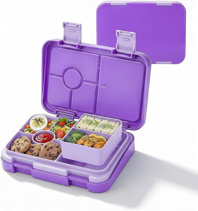 Bento Lunch Box for Kids, 6 Compartments BPA Free, Dishwasher Safe Back to School Snack Bento Lunch Containers Boxes, Ideal Portion Sizes for On-the-Go Meal, Ages 3+, School, Purple