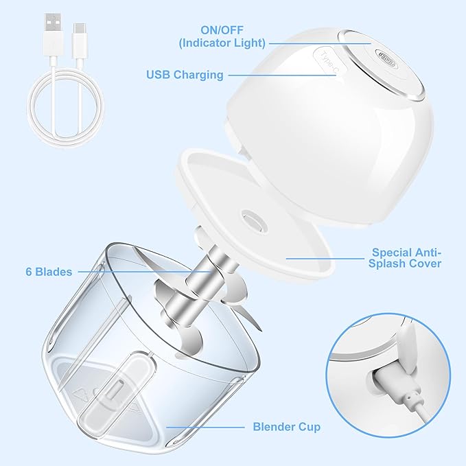 Electric Garlic Chopper, 1.4 Cup Mini Garlic Mincer Food Chopper Portable, Small Food Processor with USB Charging for Onion, Chili, Ginger, Veggie, Meat (350ML)
