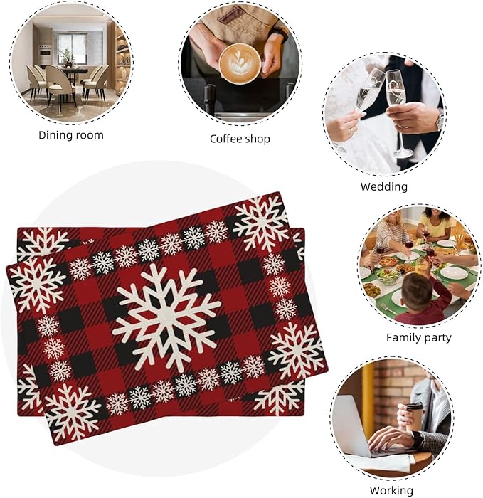 Christmas Placemats Set of 4 Vintage Red Black Buffalo Plaid Snowflake Decor Place Mats 12x18 Inch Xmas Winter Holiday Decorative Linen Table Mats for Home Kitchen Dining Party Table Decoration