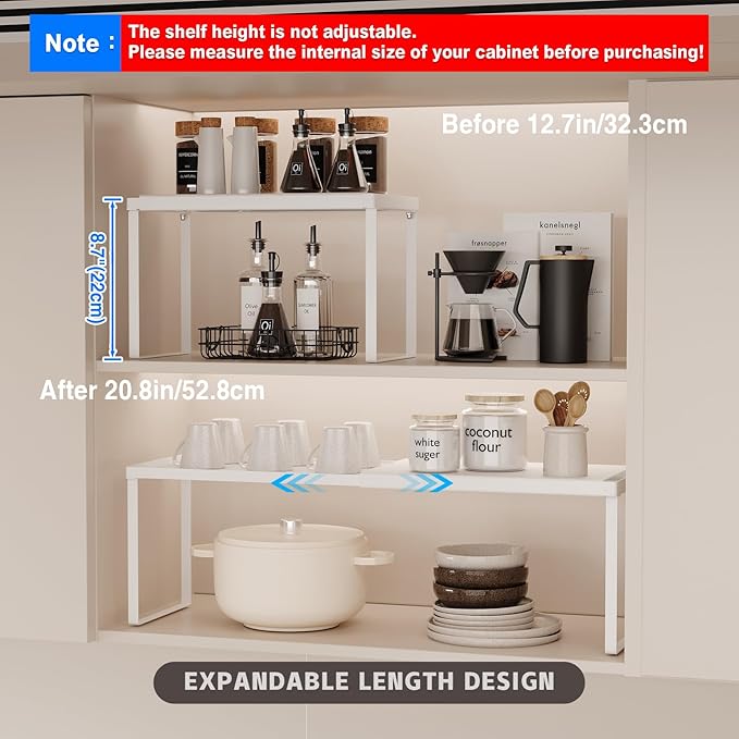 Magheo Expandable Cabinet Shelf Organizer, 1 Pack Stackable Kitchen Counter Shelf Riser, Metal Spice Rack Adjustable Heavy Duty Countertop Organizer Storage for Kitchen, Pantry, Cupboard, Rv (White)