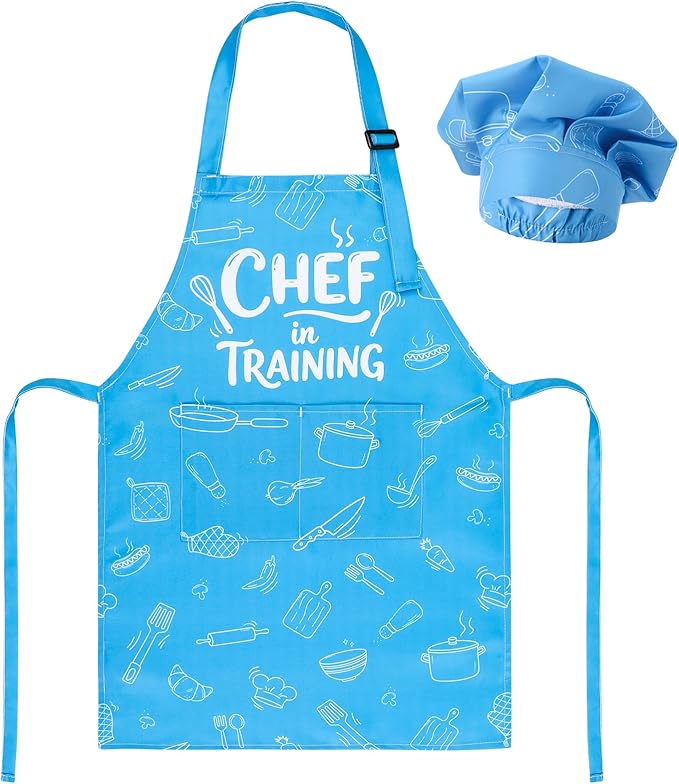 Kids Apron and Chef Hat Set, Funny Apron with 2 Pockets, Adjustable Kids Aprons for Cooking for Boys and Girls