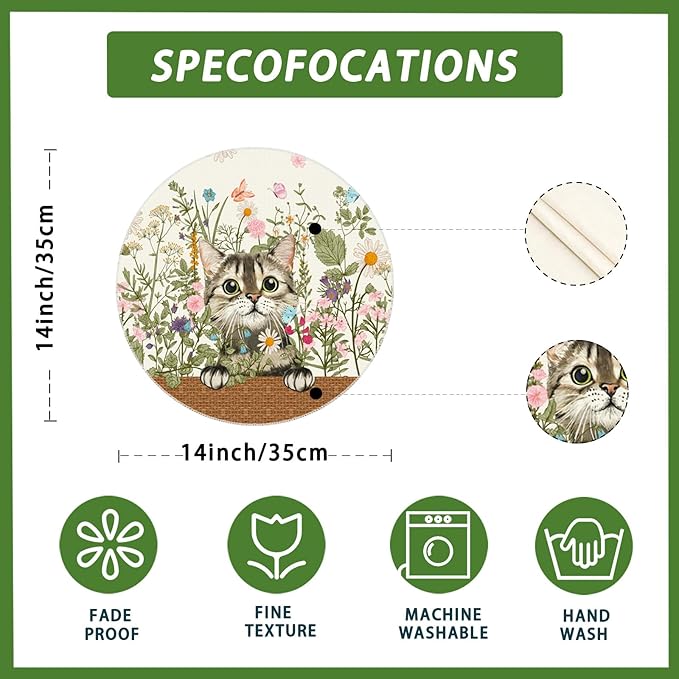 XCHI Wildflowers Cat Daisy Spring Round Placemats Set of 4 Summer Table Mats for Party Home Kitchen Dining Table Decorations 14x14 Inch