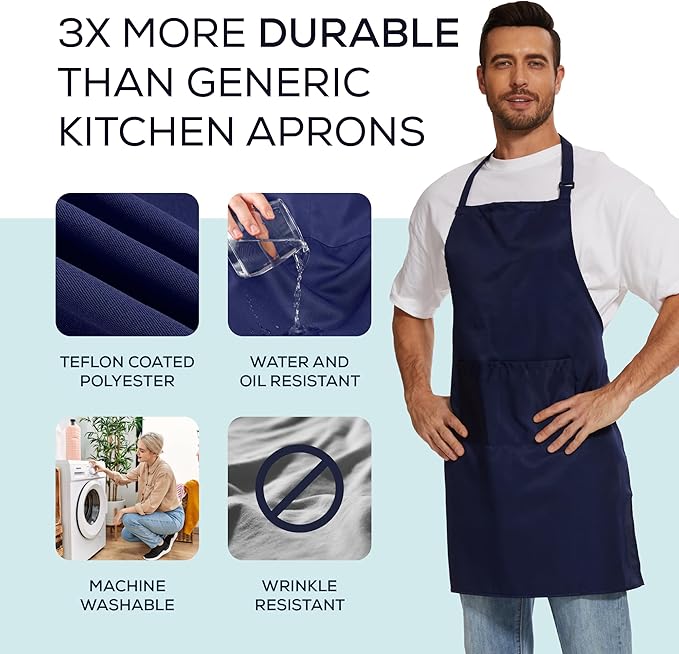 Will Well Kitchen Apron for Men and Women - 33" x 27" Oil-and-Water-Resistant with Adjustable Neck Strap and 38" Waist Ties for a Snug Fit, Lightweight with 2 Front Pockets - 6-Pack, Navy