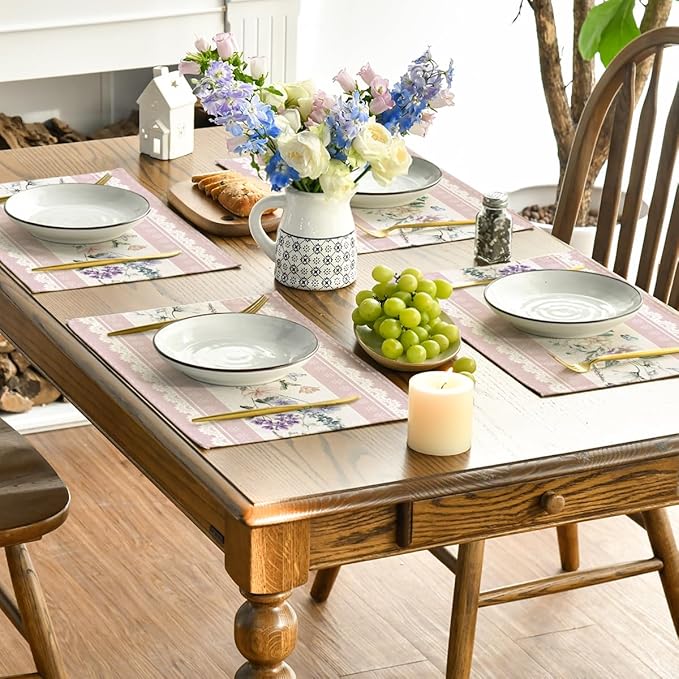 Artoid Mode Pink Printed Lace Floral Spring Placemats Set of 4, 12x18 Inch Seasonal Summer Holiday Table Mats for Party Kitchen Dining Decoration