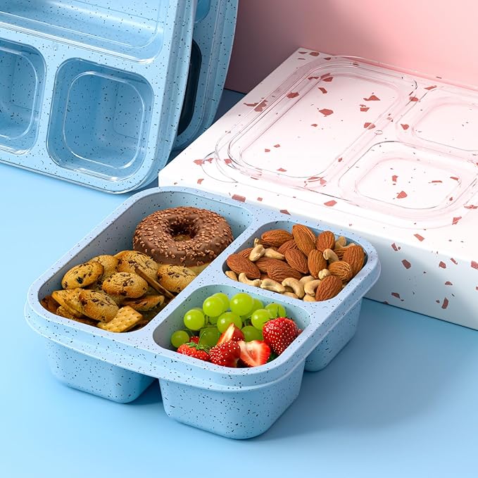 Snack Boxes (3 Pack) - Stackable Bento Boxes with 3 Compartments, Meal Prep Containers Reusable, Lightweight Lunch Containers for Kids and Adults, BPA Free (Blue)