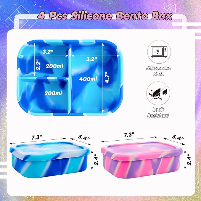Layhit 2 Pcs Silicone Bento Box for Adults, 27 oz Bento Lunch Container Reusable 3 Compartment Lunchable Food Container for Women Men, Leak Proof Microwave Dishwasher Freezer Safe (Pad Dyeing Colors)