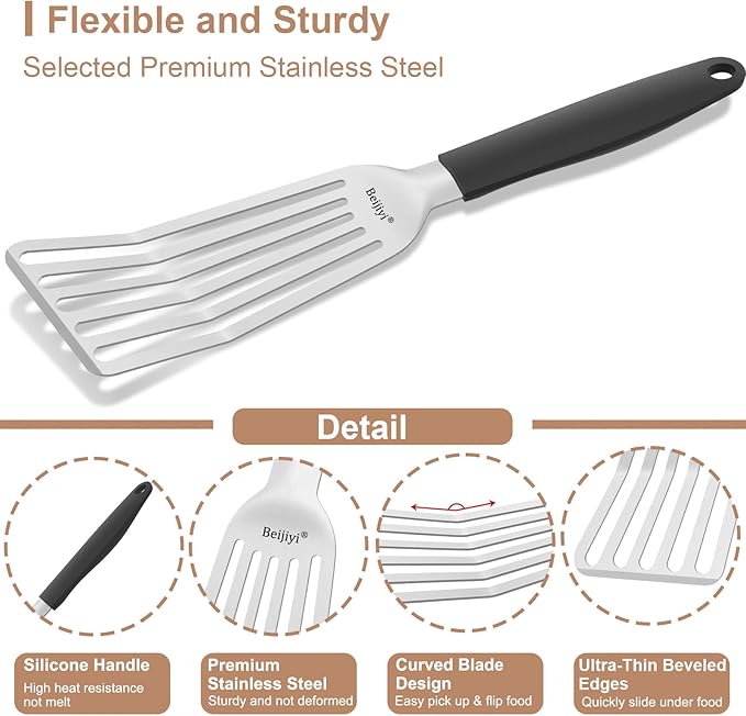 Beijiyi Fish Spatula, 11.7" Stainless Steel Slotted Turner with Silicone Handle, Metal Spatula for Cast Iron Skillet, Kitchen & Grilling Cooking Fish, Egg and Burger, Dishwasher Safe
