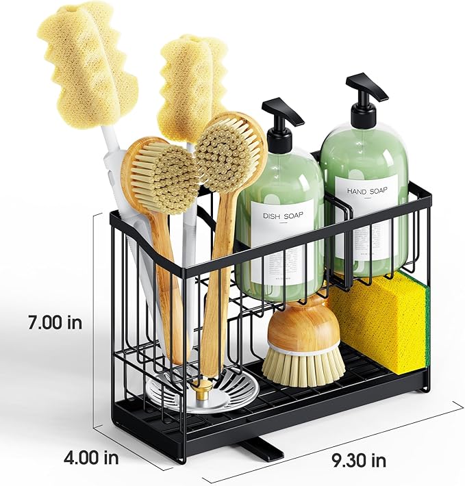 Kitchen Sink Caddy, 2-Tier Self-Draining Sponge & Dish Brush Holder, Rustproof 304 Stainless Steel Space-Saving Organizer with Drying Tray, Black