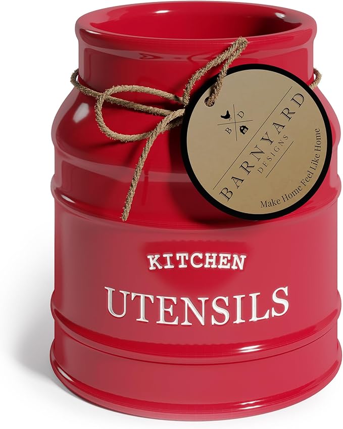 Barnyard Designs Ceramic Farmhouse Utensil Holder for Kitchen Counter, Large Rustic Utensil Crock, Countertop Cooking Tool Spatula Organizer, 6.75” (Red)