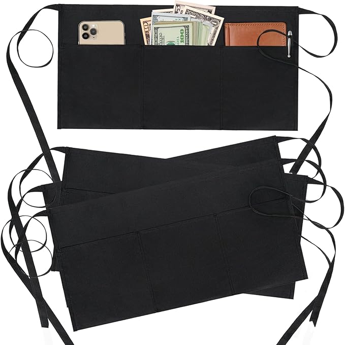 BOHARERS 4 Pack Waitress Apron With 3 Pockets-Black Server Aprons-Waiter Short Half Waist Servers Apron