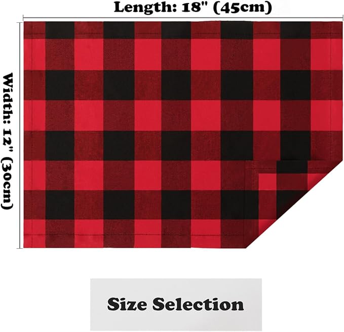 DUOBAO Checkered Placemats Set of 4, 12x18 Inch Red Black Buffalo Plaid Table Mats, Farmhouse Kitchen Dining Decor for Holidays, Weddings, Christmas, Thanksgiving, Parties