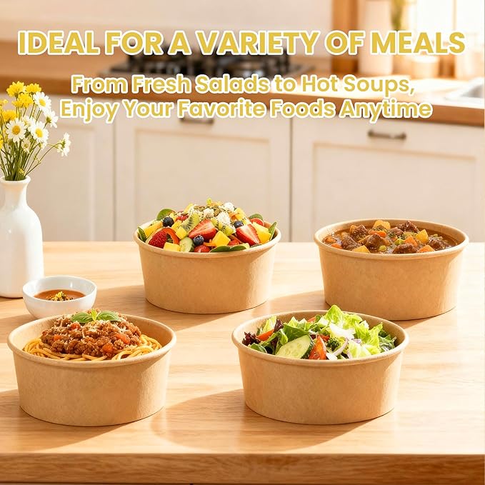 90 Count 34 oz Disposable Paper Bowls (NO LIDS), Soup Bowls Disposable Salad Bowls | Microwave-Safe | for Hot Soup, Pasta, Sandwiches, Ice Cream, Cold Food