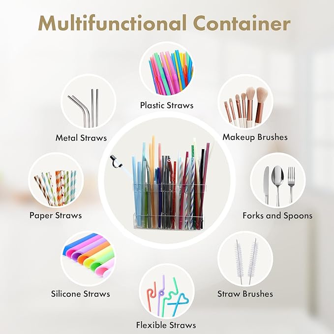 Acrylic Straw Holder for Cabinet Door - Child-Safe Organizer & Dispenser with Smooth Rounded Edges for Kitchen Accessories Storage, Adhesive Circles Included (Clear Transparent)