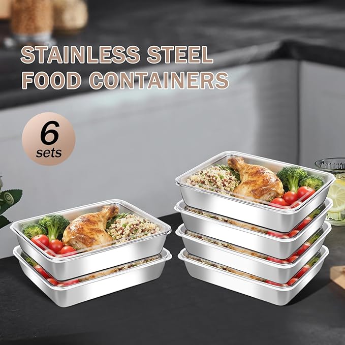 6-Pack Stainless Steel Food Storage Containers with ClearLids - Stackable Metal Meal Prep Boxes for Lunches, Leftovers & Kitchen Organization, BPA-Free & Dishwasher Safe（73oz/10X7.68X2.1）