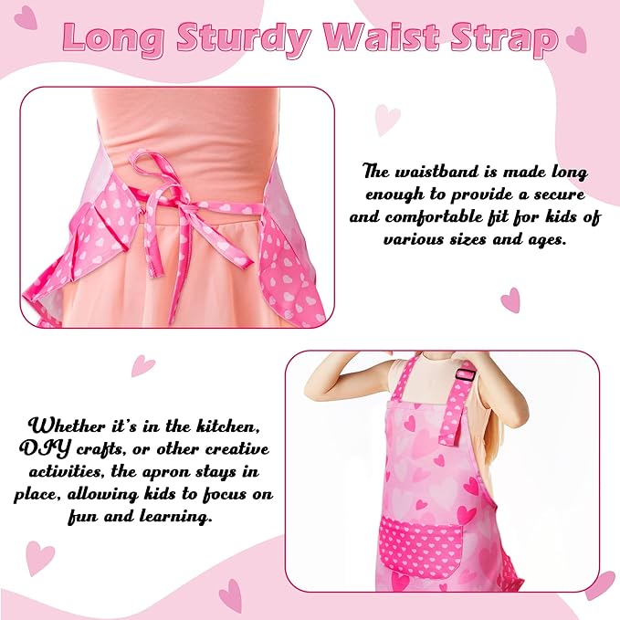 R HORSE Kid Apron and Chef Hat Set - 2Pcs Pink Heart Toddler Cooking Apron Set for Girls, Adjustable Role Play Costume Pretend Play Toy for Cooking Baking Painting Birthday Gift for Kids Ages 3-6